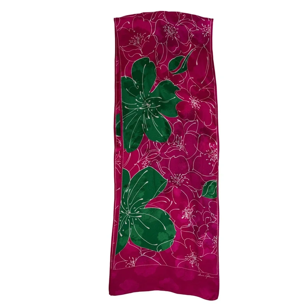Ginnie Johnson Pink Hibiscus Floral Silk‎ Scarf Tropical Botanical Signed 61x11